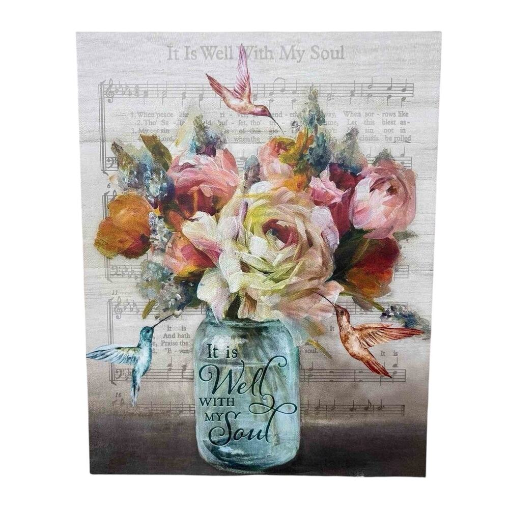 It Is Well With My Soul Floral Mason Jar Wall Art Hummingbird Canvas Print